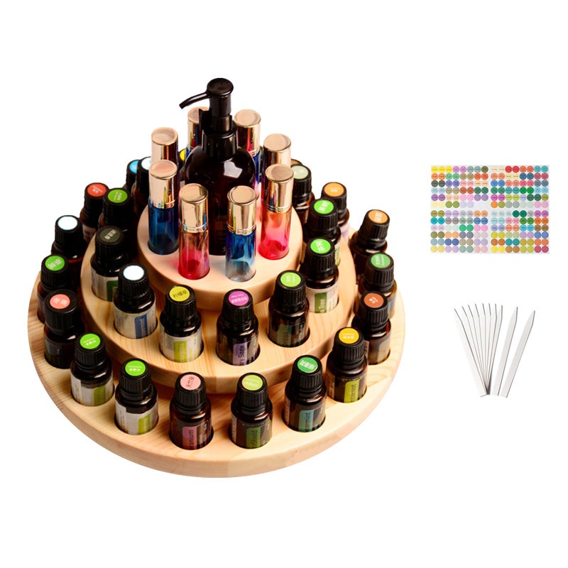 VolksRose Essential Oil Box Wooden Storage Holds Organizer 39 Slots 3 Layers Essential Oil Container Aromatherapy Natural Wood Round Rotating Display Rack